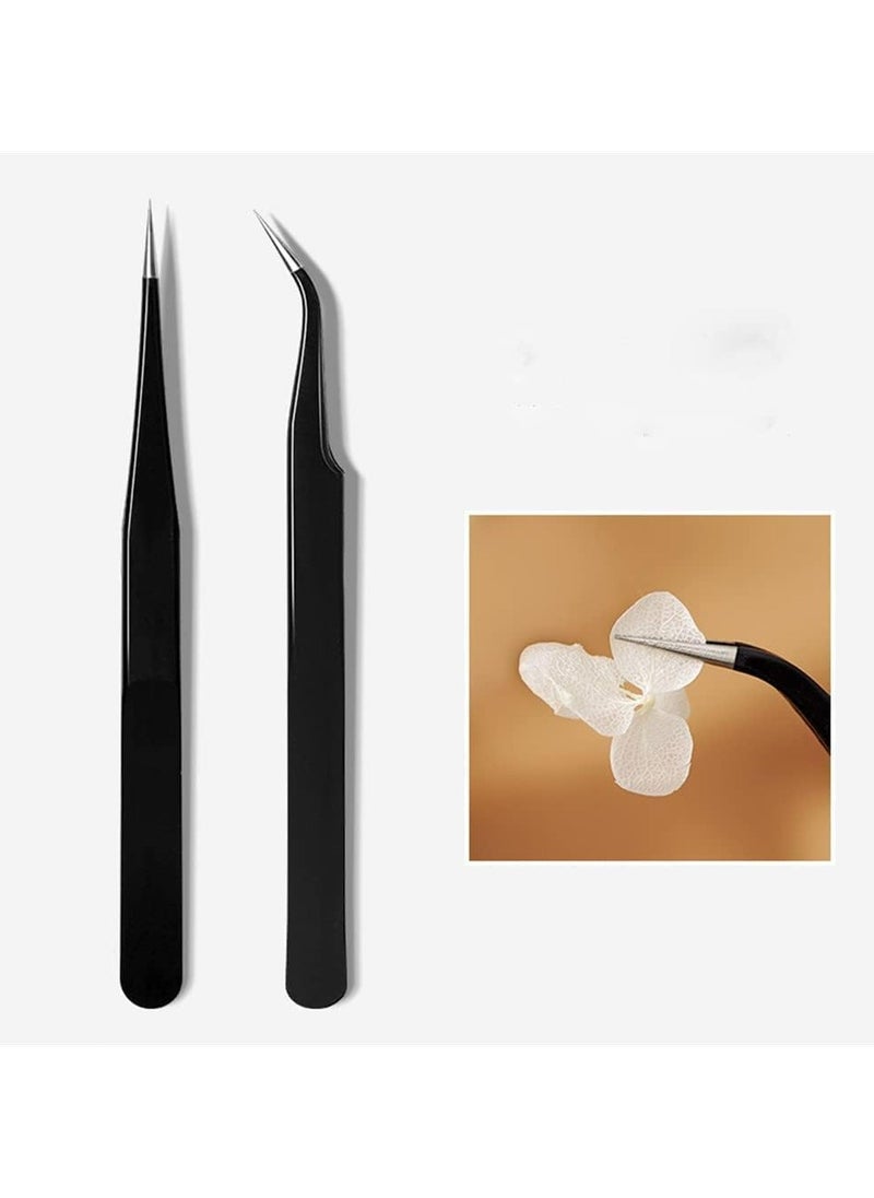 Oasisgalore - Stainless Steel Lash Tweezers for Eyelash Extensions, Straight and Curved Tip, False Lash Application Tools, Pack of 2, Black - Image 1