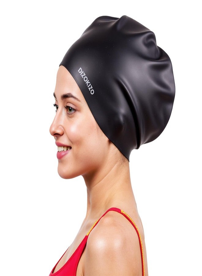 Dizokizo Extra Large Silicone Swim Cap for Long Hair, High Elasticity Waterproof Swimming Cap for Women and Men Adults with Dreadlocks, Weaves, Extensions, Braids & Curls, Keep Hair Dry (Black) - Image 1