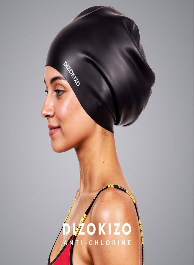 Dizokizo Extra Large Silicone Swim Cap for Long Hair, High Elasticity Waterproof Swimming Cap for Women and Men Adults with Dreadlocks, Weaves, Extensions, Braids & Curls, Keep Hair Dry (Black) - Image 2