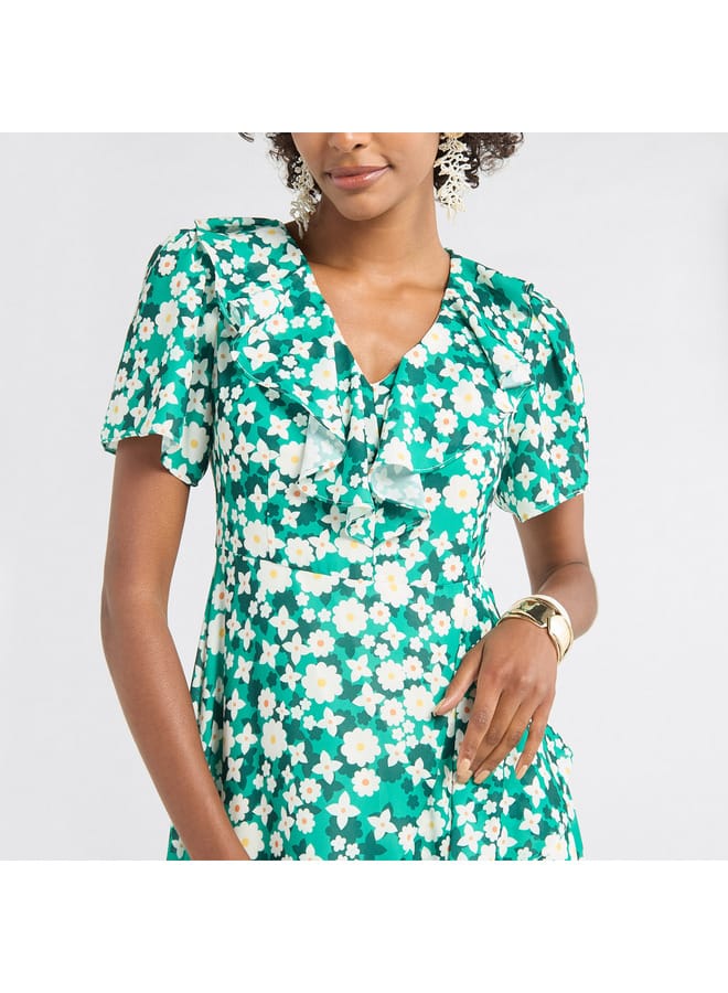 سبلاش فيڤ فستان ميدي بكشكشة وزهور - Image 4