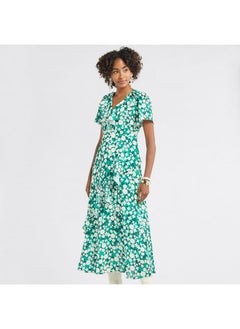 FAV All-Over Floral Print Midi Dress with V-neck and Ruffle Detail  - Image 1