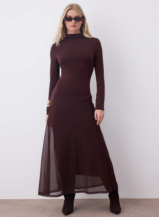 trendyol Brown ALine/ALine Tulle Garni Detail Midi Long Sleeve Stretchy Knitted Dress - Image 1