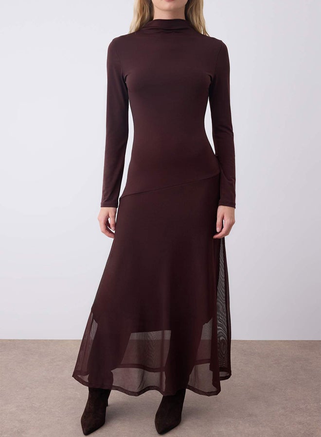 trendyol Brown ALine/ALine Tulle Garni Detail Midi Long Sleeve Stretchy Knitted Dress - Image 3