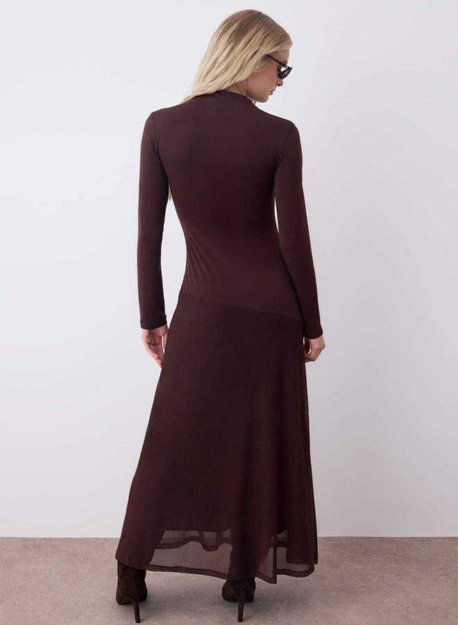 trendyol Brown ALine/ALine Tulle Garni Detail Midi Long Sleeve Stretchy Knitted Dress - Image 4