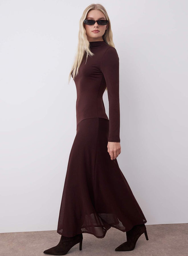 trendyol Brown ALine/ALine Tulle Garni Detail Midi Long Sleeve Stretchy Knitted Dress - Image 2