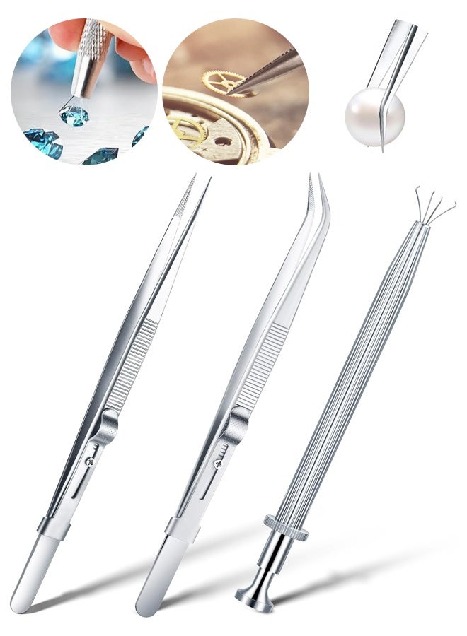 3PCS Diamond Locking Tweezers, Stainless Steel Jewelry Pick Up Tool for Beads and Gemstones - Image 1
