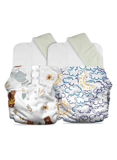 Plant Powered Cloth Diaper For Babiesfree Size ; Medical Grade Fabric With 100% Organic Cotton ; Reusable 13 Layer Breathable Soaker With Builtin Booster Pad ; Pack Of 2 (B.Hug&H.Cloudy)