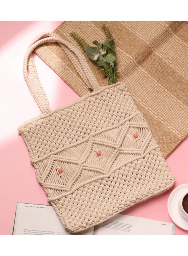 HMK CRAFTS شنطة كروس مكرمية يدوية  بخرز خشبي بوهيمي. - Image 1