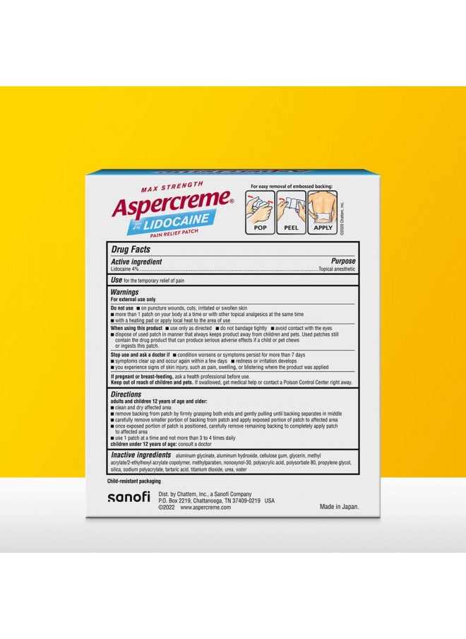 Aspercreme Max Strength Lidocaine Pain Relief Patch (5 Count) for Back Pain, Odor Free Pain Patches