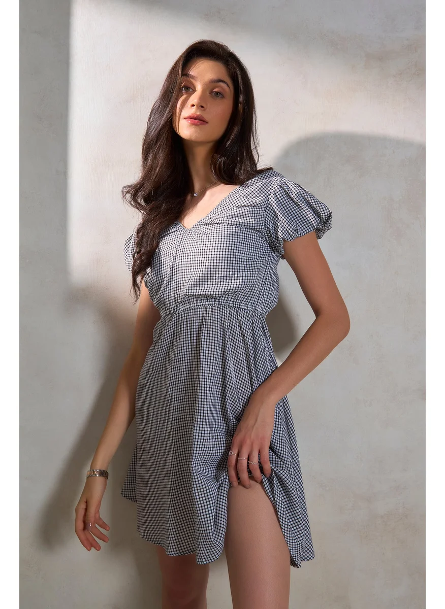 Virgio Virgio Geometric Printed V-Neck Gathered Cotton A-Line Dress
