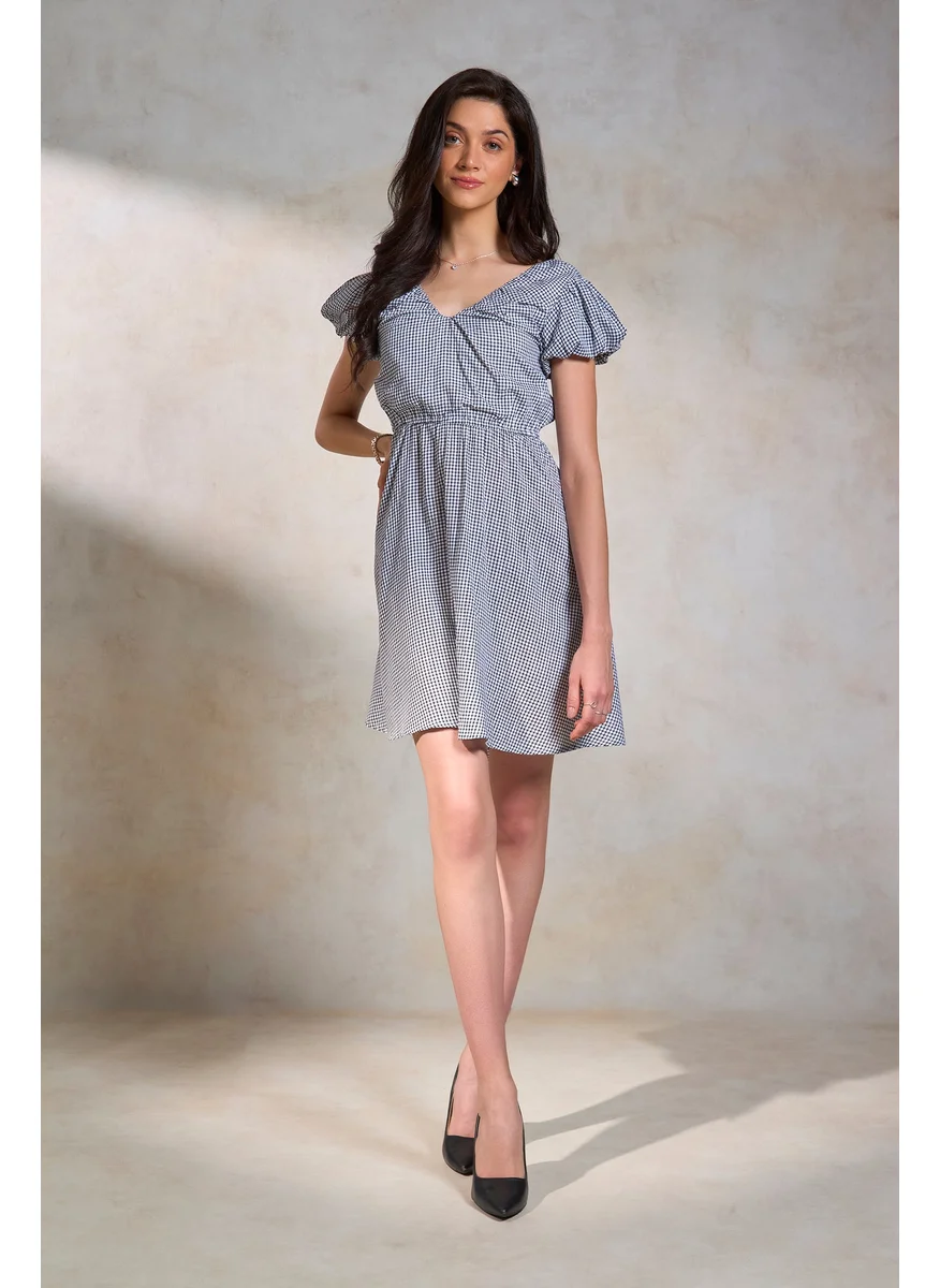 Virgio Virgio Geometric Printed V-Neck Gathered Cotton A-Line Dress