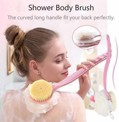 SOLEGLOW 2-in-1 Bath Brush with Bristles & Loofah, Curved Long Handle Back Scrubber for Wet or Dry Use - Soft Body Shower Brush for Men, Women, Boys, Girls, & Children - Image 3