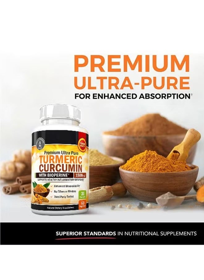 Turmeric Curcumin Plus - Premium Ultra Pure Turmeric Curcumin with Bioperine 1500mg, Support Healthy Inflammatory Response, Natural Dietary Supplement, 60 Veggie Capsules - Image 1