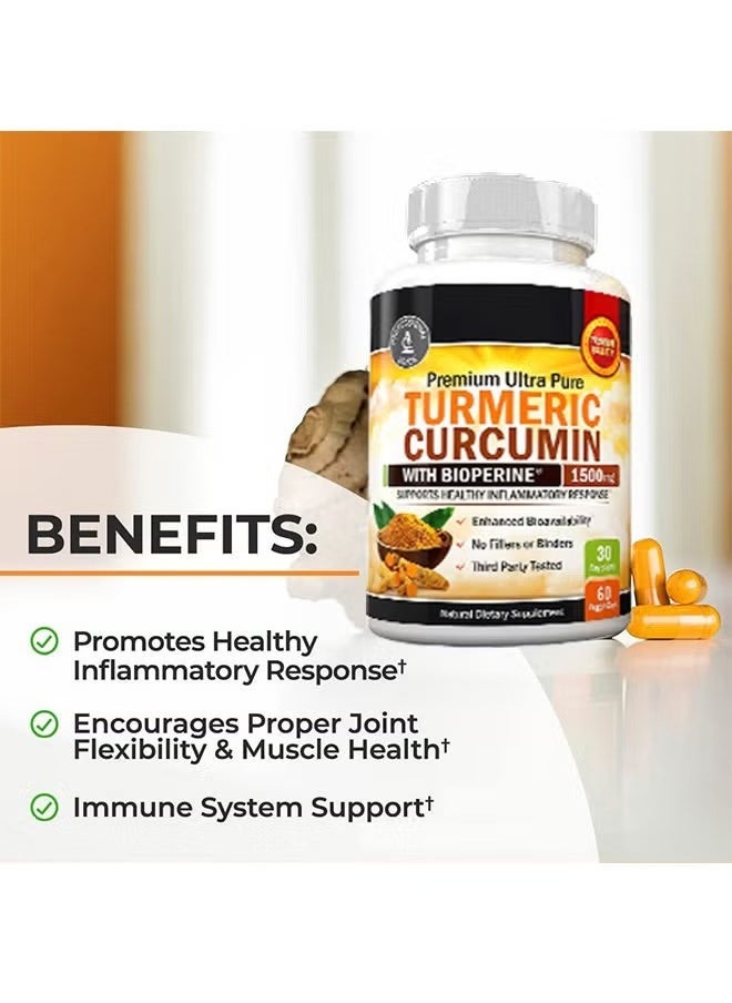 Turmeric Curcumin Plus - Premium Ultra Pure Turmeric Curcumin with Bioperine 1500mg, Support Healthy Inflammatory Response, Natural Dietary Supplement, 60 Veggie Capsules - Image 1
