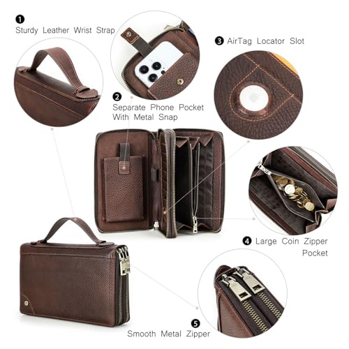 CONTACTS Full Grain Leather Clutch Bag for Men Anti-Lost Wallet Airtag Purse Travel 18 Cards Organizer Rfid Zipper Phone Wristlet Handbag (Brown) - Image 5