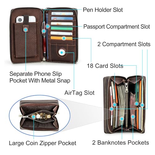 CONTACTS Full Grain Leather Clutch Bag for Men Anti-Lost Wallet Airtag Purse Travel 18 Cards Organizer Rfid Zipper Phone Wristlet Handbag (Brown) - Image 4
