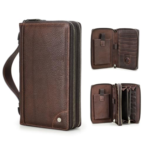 CONTACTS Full Grain Leather Clutch Bag for Men Anti-Lost Wallet Airtag Purse Travel 18 Cards Organizer Rfid Zipper Phone Wristlet Handbag (Brown) - Image 1
