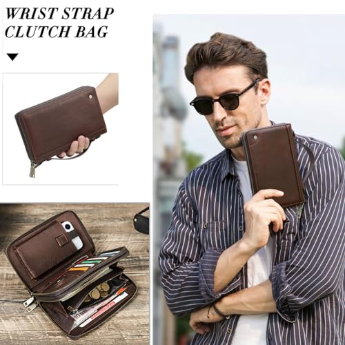 CONTACTS Full Grain Leather Clutch Bag for Men Anti-Lost Wallet Airtag Purse Travel 18 Cards Organizer Rfid Zipper Phone Wristlet Handbag (Brown) - Image 2