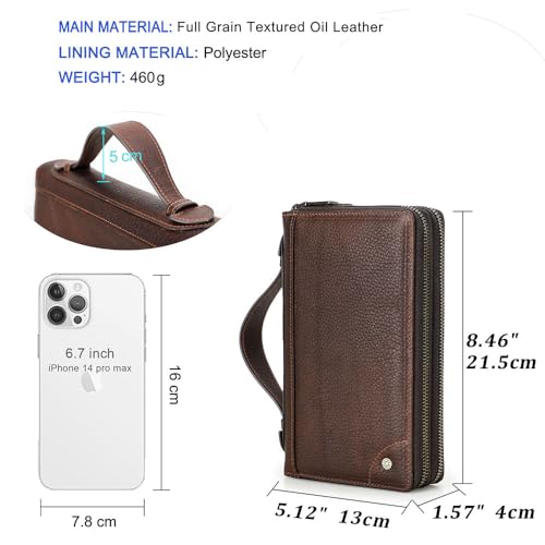 CONTACTS Full Grain Leather Clutch Bag for Men Anti-Lost Wallet Airtag Purse Travel 18 Cards Organizer Rfid Zipper Phone Wristlet Handbag (Brown) - Image 3