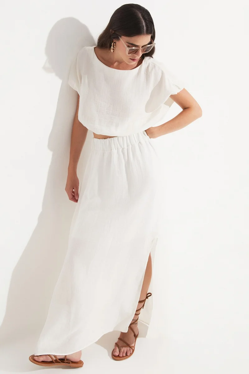 جون Women's 100% Cotton Elastic Waist Slit Detail Skirt