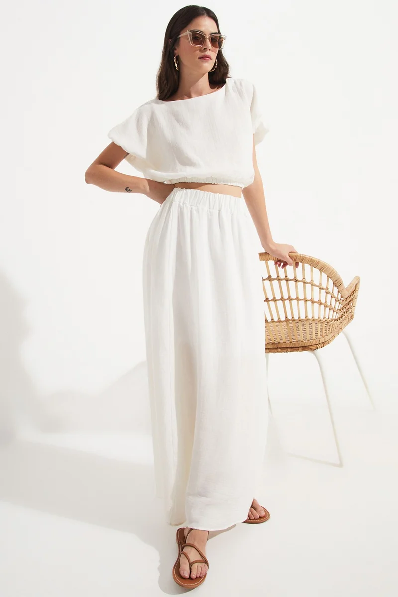 جون Women's 100% Cotton Elastic Waist Slit Detail Skirt