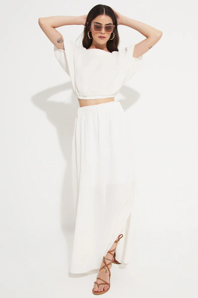 جون Women's 100% Cotton Elastic Waist Slit Detail Skirt