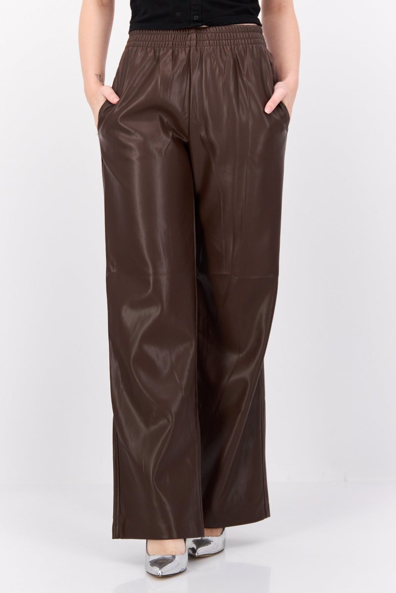 Black Tape Women Regular Fit Plain Wide Leg Pants, Chocolate Brown  - Image 1