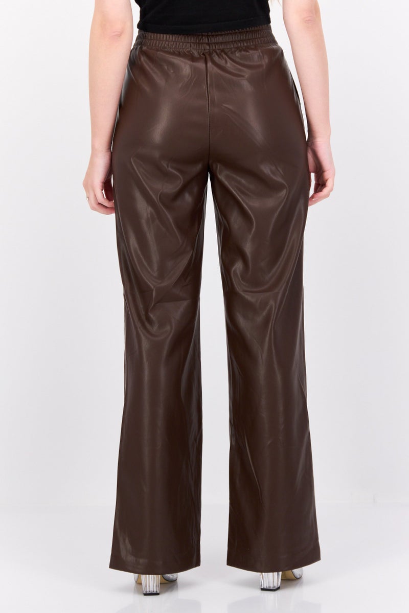 Black Tape Women Regular Fit Plain Wide Leg Pants, Chocolate Brown  - Image 3