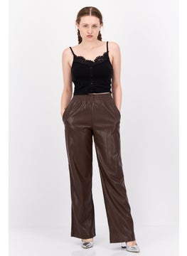 Black Tape Women Regular Fit Plain Wide Leg Pants, Chocolate Brown  - Image 4