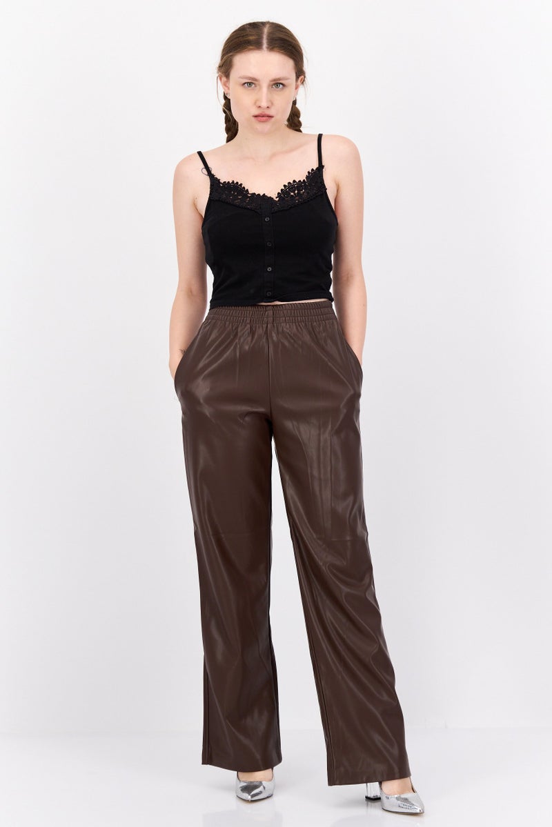 Black Tape Women Regular Fit Plain Wide Leg Pants, Chocolate Brown  - Image 4
