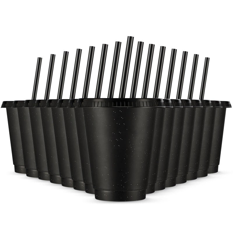 Rtteri 15 Pcs Reusable Cups with Straws and Lids 16 oz Glitter Tumblers Plastic Party Favor Cups with Lids Travel Mug Tumbler for Halloween Party Iced Beverage WaterBlack
