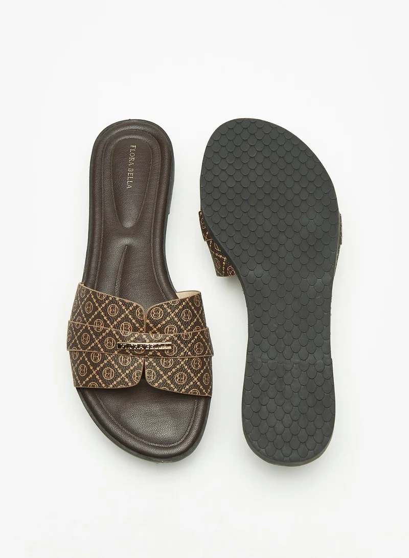 Flora Bella By Shoexpress Womens All Over Monogram Print Slip On Slide Sandals