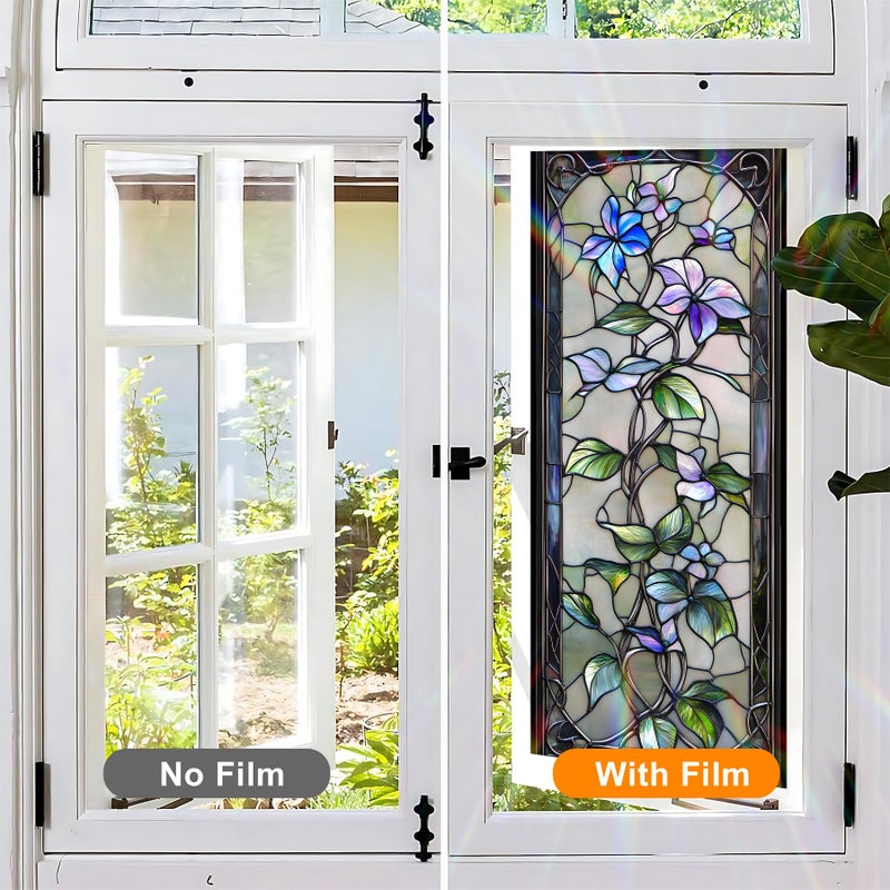 BVBOX Floral Window Privacy Film Stained Glass Style Static Cling Sparkle Windows Sticker Non Adhesive Privacy Film Reusable Decorative for Room 17.5 x 39.3in - Image 5