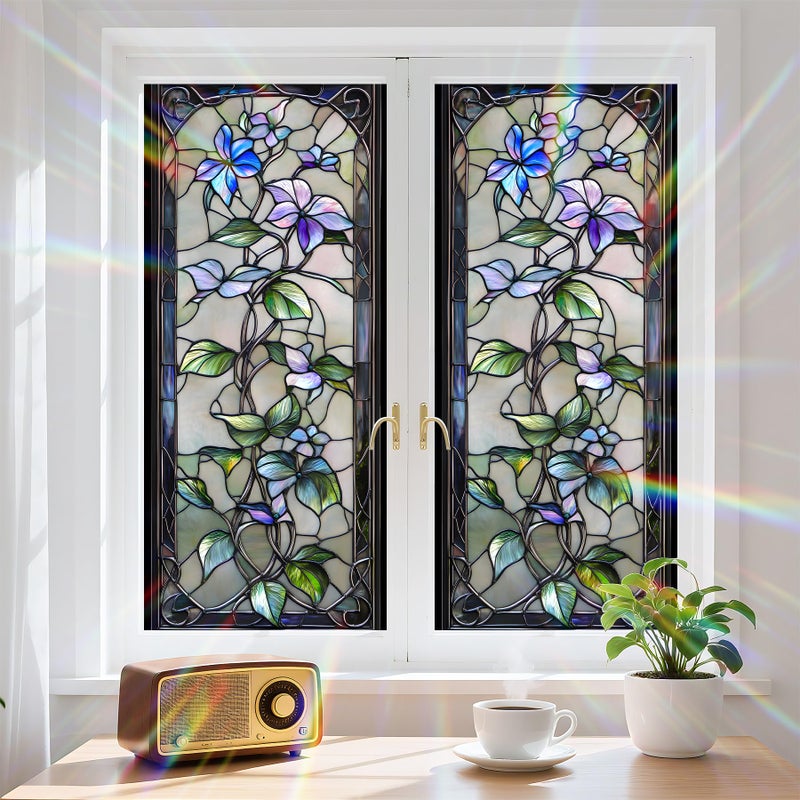 BVBOX Floral Window Privacy Film Stained Glass Style Static Cling Sparkle Windows Sticker Non Adhesive Privacy Film Reusable Decorative for Room 17.5 x 39.3in - Image 1