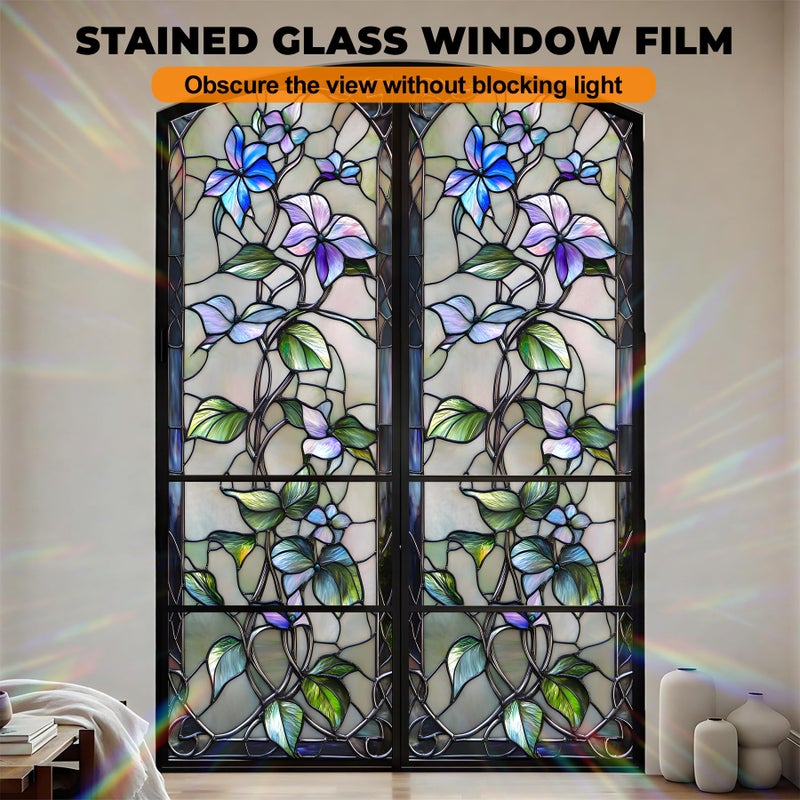 BVBOX Floral Window Privacy Film Stained Glass Style Static Cling Sparkle Windows Sticker Non Adhesive Privacy Film Reusable Decorative for Room 17.5 x 39.3in - Image 3