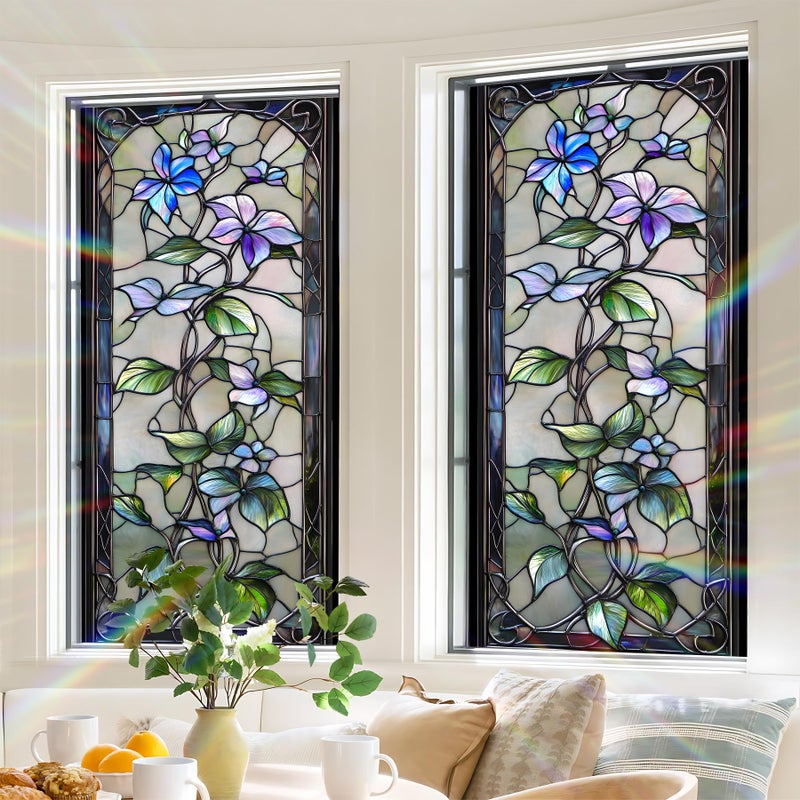 BVBOX Floral Window Privacy Film Stained Glass Style Static Cling Sparkle Windows Sticker Non Adhesive Privacy Film Reusable Decorative for Room 17.5 x 39.3in - Image 4