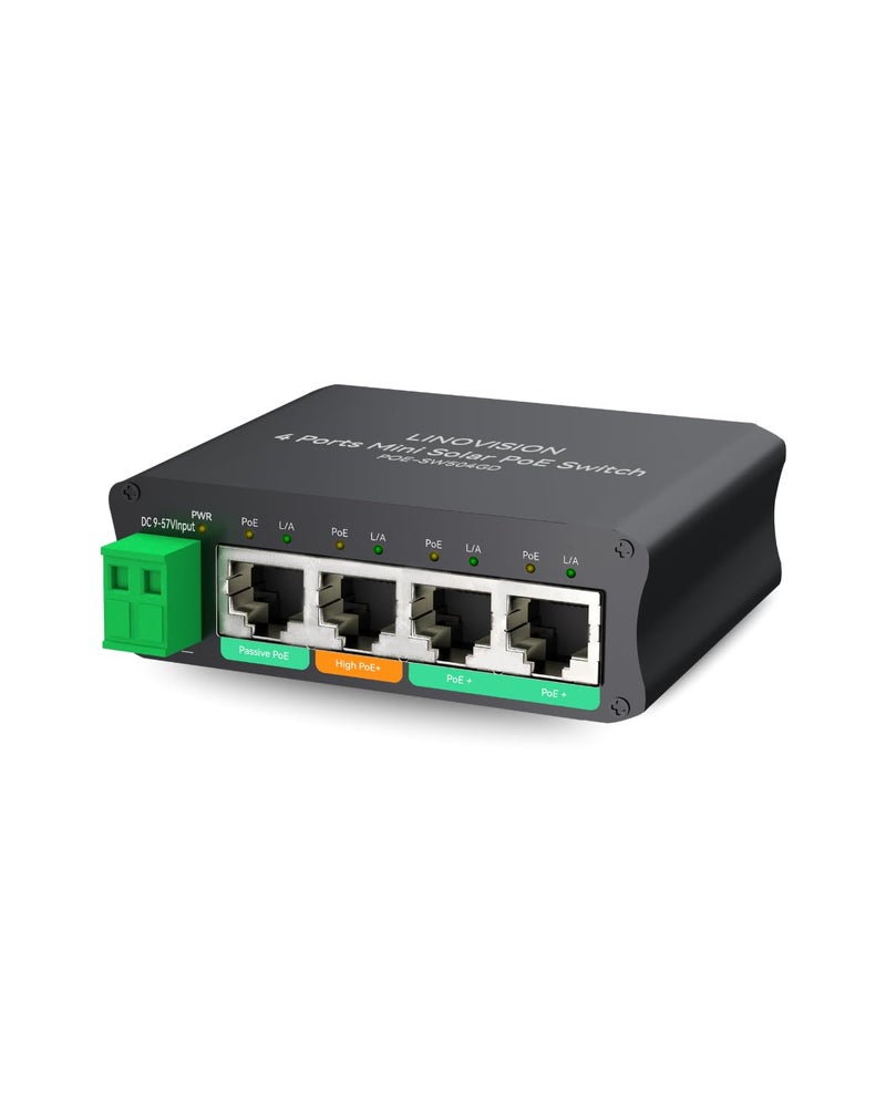 LINOVISION 4 Ports Mini Solar PoE Switch Works Directly with DC12V or DC24V Batteries Provide 2 PoE Ports 1 High PoE Port for Big PTZ Cameras and 1 Passive 24V PoE Port for Bridge - Image 2