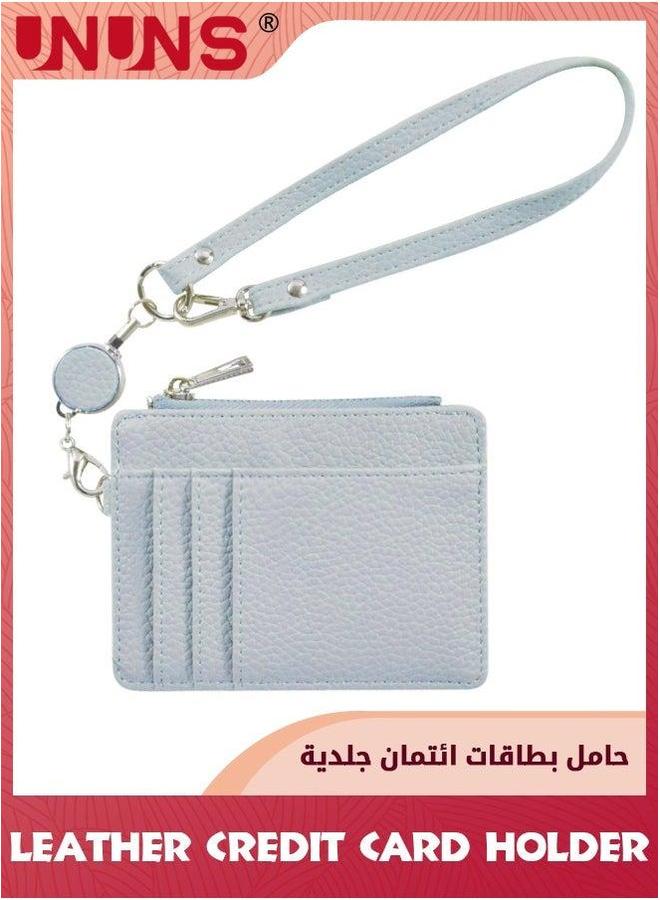 يو إن يو إن أس محفظة صغيرة للنساء، حافظة بطاقات ائتمان جلدية، حزام مع مفتاح بسحاب، محفظة أمامية نحيفة، زرقاء - Image 1