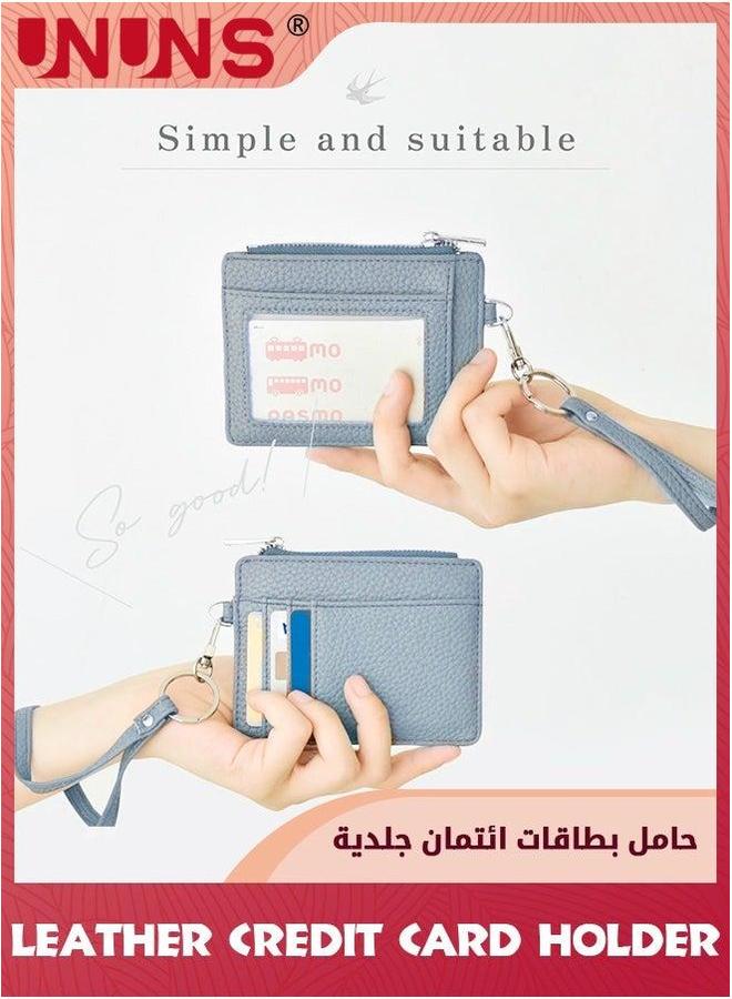 يو إن يو إن أس محفظة صغيرة للنساء، حافظة بطاقات ائتمان جلدية، حزام مع مفتاح بسحاب، محفظة أمامية نحيفة، زرقاء - Image 5