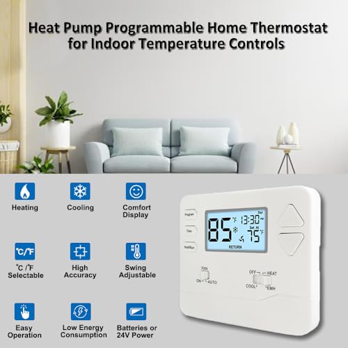 Miuputake Thermostat for Heat Pump,Programmable Thermostat for Home,Single-Stage Systems,2 Heat/1 Cool Heat Pump Or 1 Heat/1 Cool,Easy DIY Install,White Backlight - Image 2