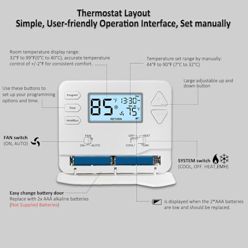 Miuputake Thermostat for Heat Pump,Programmable Thermostat for Home,Single-Stage Systems,2 Heat/1 Cool Heat Pump Or 1 Heat/1 Cool,Easy DIY Install,White Backlight - Image 4
