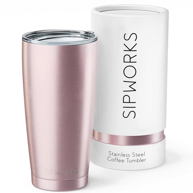 Sipworks Stainless Steel Coffee Tumbler - 20oz Coffee Tumblers with Lids & Double Walled Vacuum Insulation for Hot & Cold Drinks - Spillproof Travel Insulated Coffee Tumbler  Rose Gold - Image 2