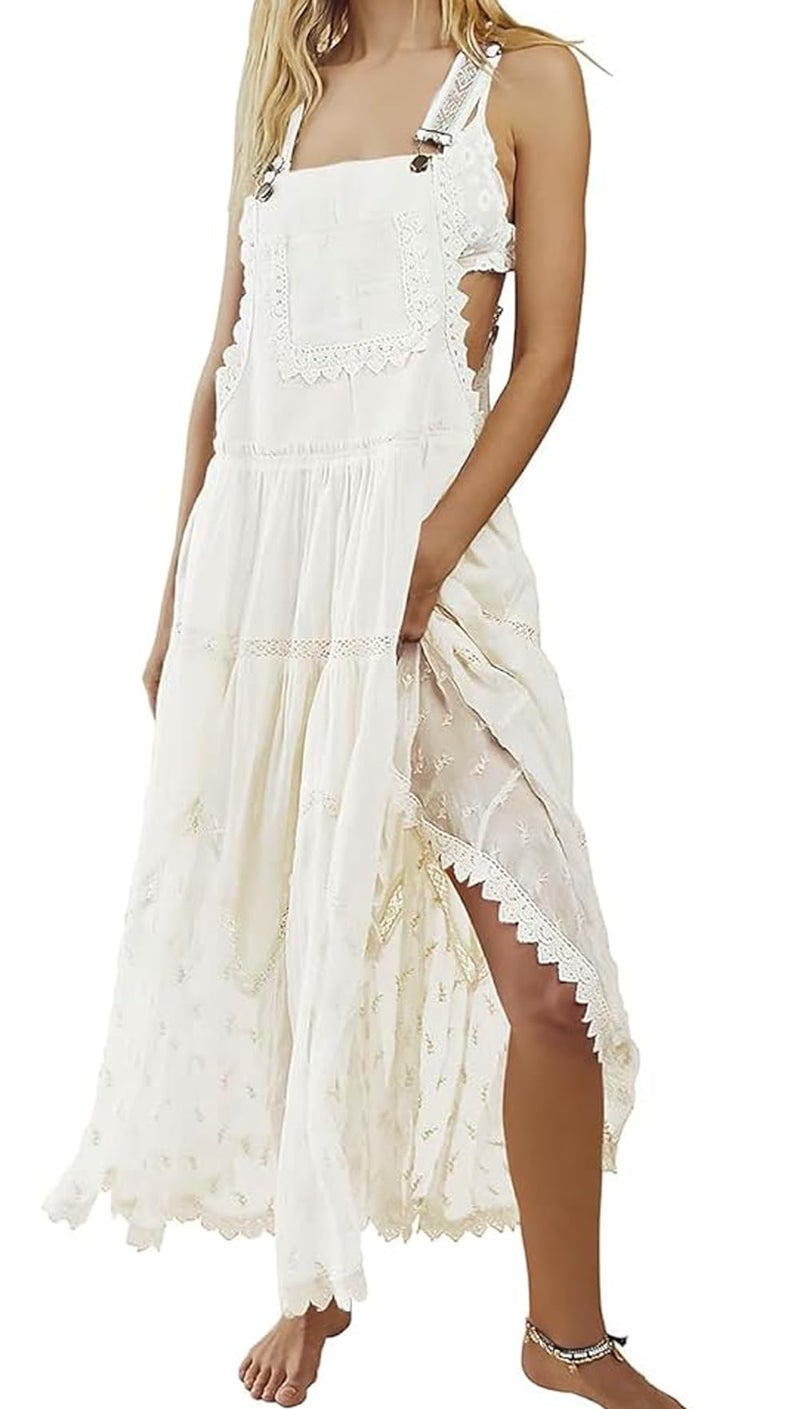loveimgs Women's Casual Lace Embroidered Maxi Dress Adjustable Strap Pleated Tiered Swing Long Dress with Pockets (Large,White) - Image 2