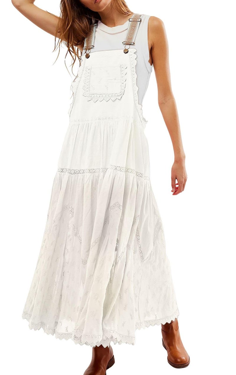 loveimgs Women's Casual Lace Embroidered Maxi Dress Adjustable Strap Pleated Tiered Swing Long Dress with Pockets (Large,White) - Image 1