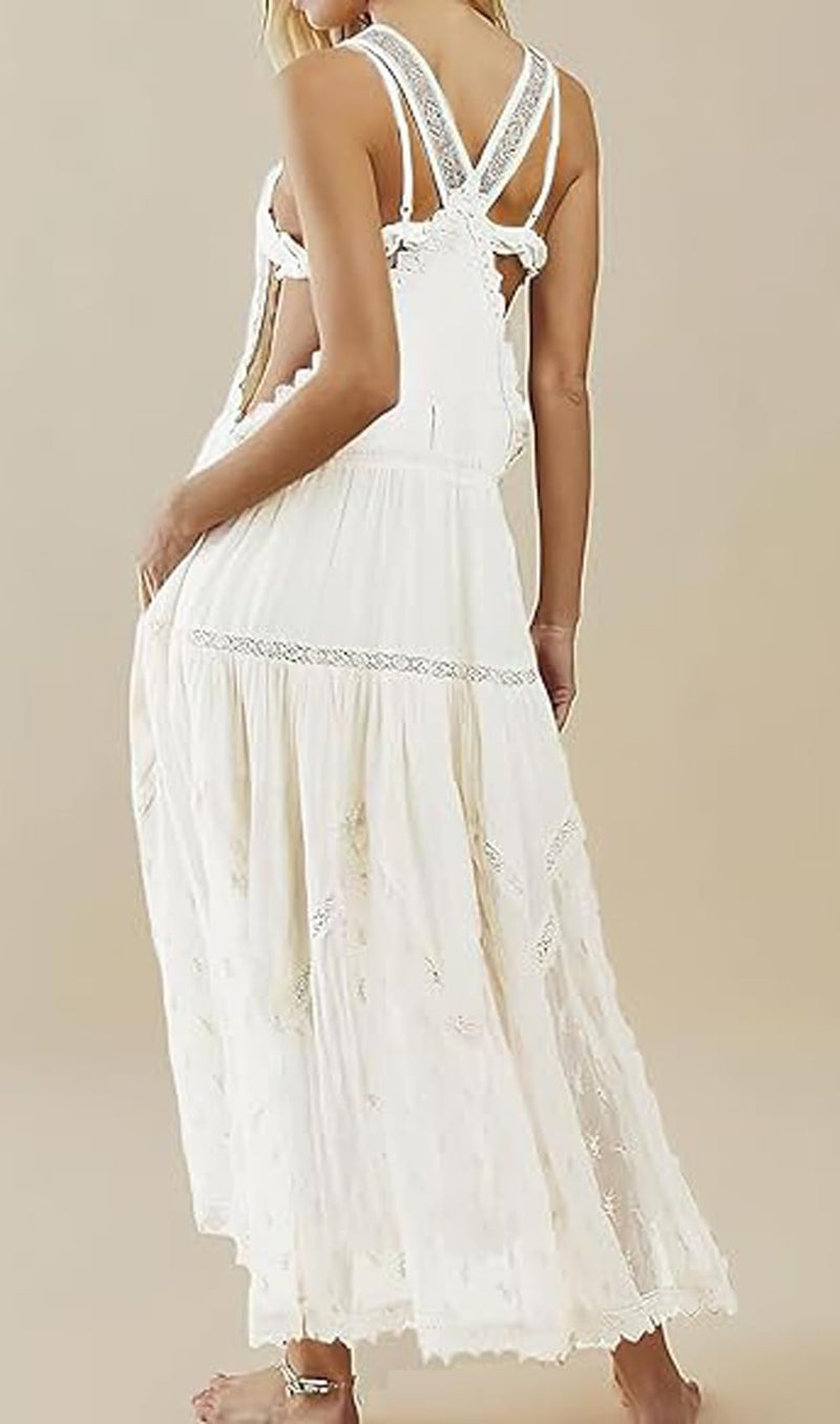 loveimgs Women's Casual Lace Embroidered Maxi Dress Adjustable Strap Pleated Tiered Swing Long Dress with Pockets (Large,White) - Image 4