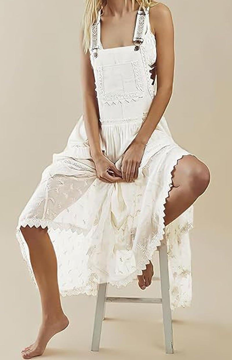 loveimgs Women's Casual Lace Embroidered Maxi Dress Adjustable Strap Pleated Tiered Swing Long Dress with Pockets (Large,White) - Image 5