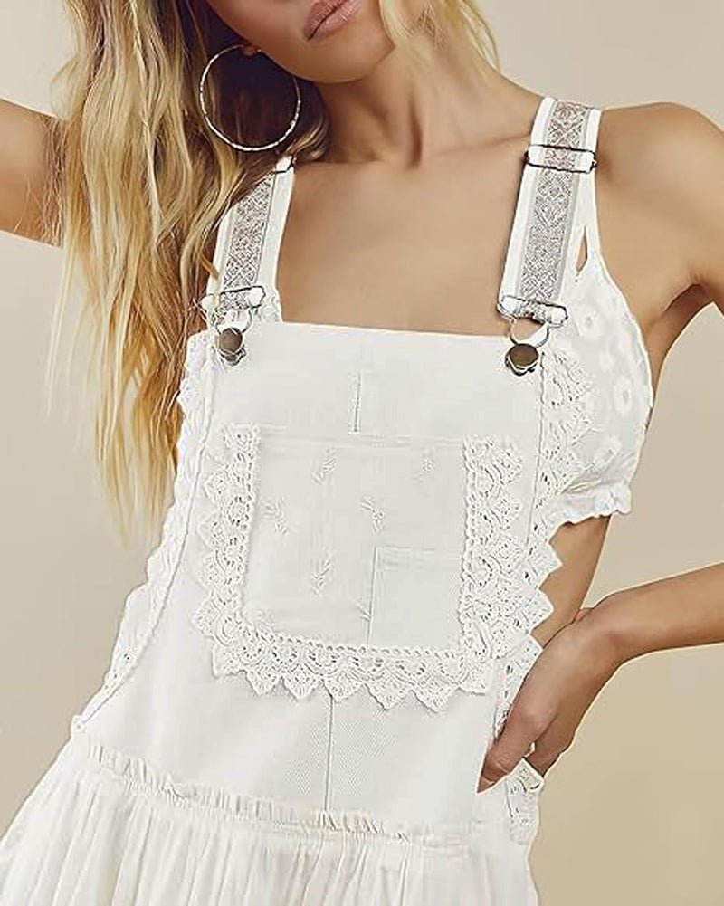 loveimgs Women's Casual Lace Embroidered Maxi Dress Adjustable Strap Pleated Tiered Swing Long Dress with Pockets (Large,White) - Image 3