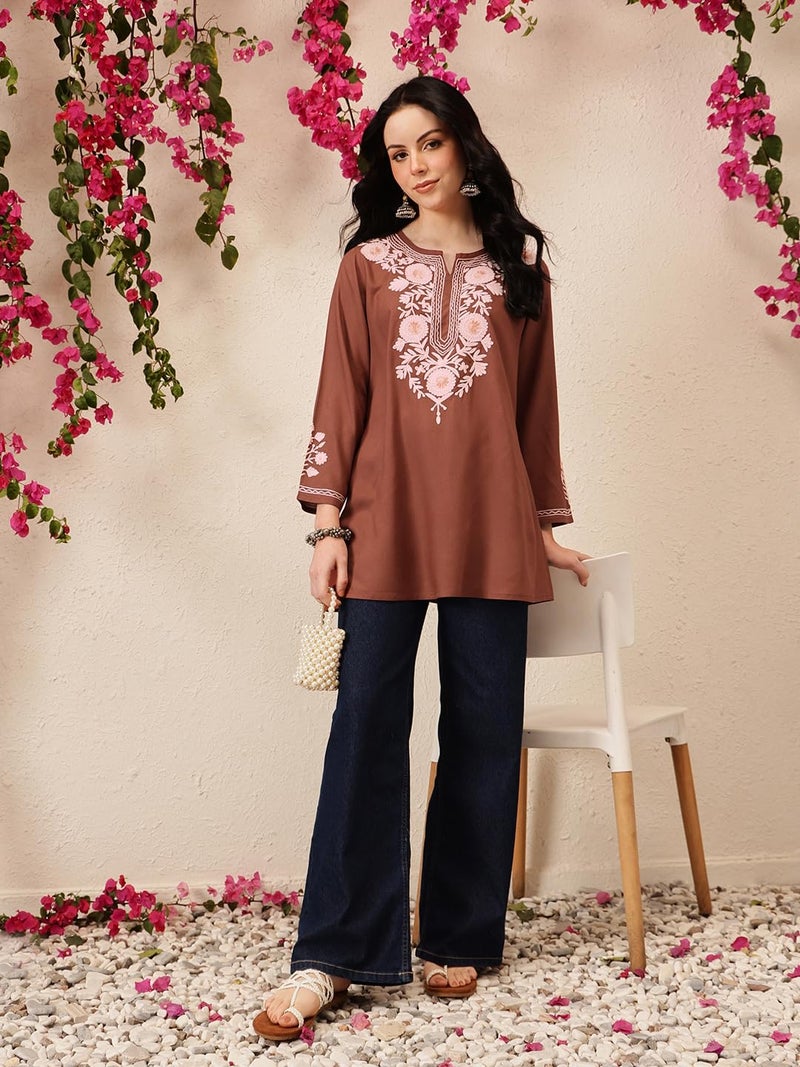 QAZMI Women's Kashmiri A-Line Flared Kurti_XS Brown - Image 5