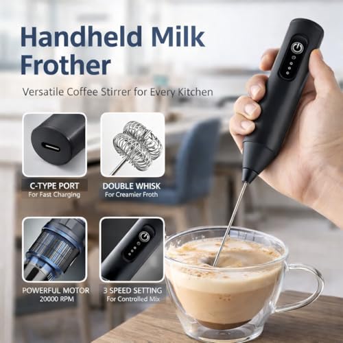 Bonsenkitchen Rechargeable Milk Frother Handheld, USB-C Electric Coffee Frother with Stainless Steel Whisk, 3 Speed Froth Maker for Coffee, Latte, Cappuccino, Matcha,Hot Chocolate (asorted) - Image 3