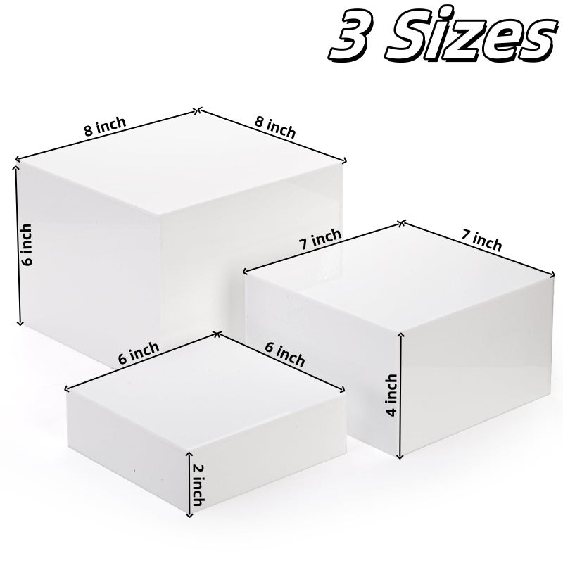 Hacaroa Set of 3 Acrylic Cube Riser Hollow Bottom, Glossy White Buffet Riser Food Display Stand, 5 Sides Cupcake Stand Nesting Display Boxes for Jewelry, Collectibles, Figures, 3 Sizes - Image 2